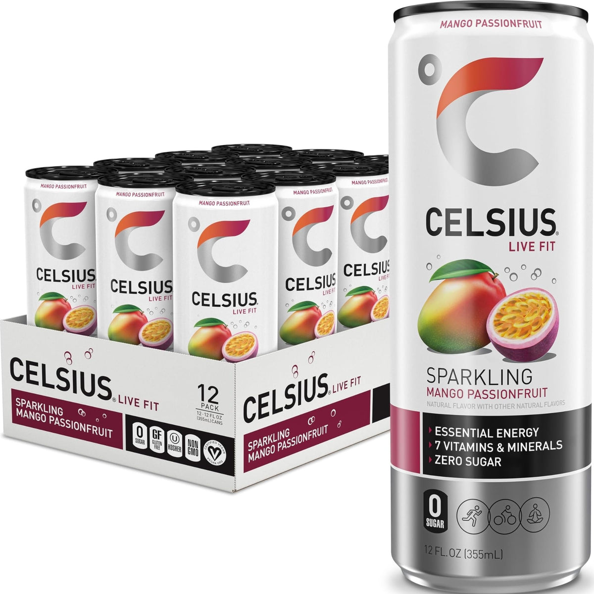 CELSIUS lata frontal mango maracuyá mostrando diseño y beneficio refrescante