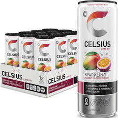 CELSIUS lata frontal mango maracuyá mostrando diseño y beneficio refrescante