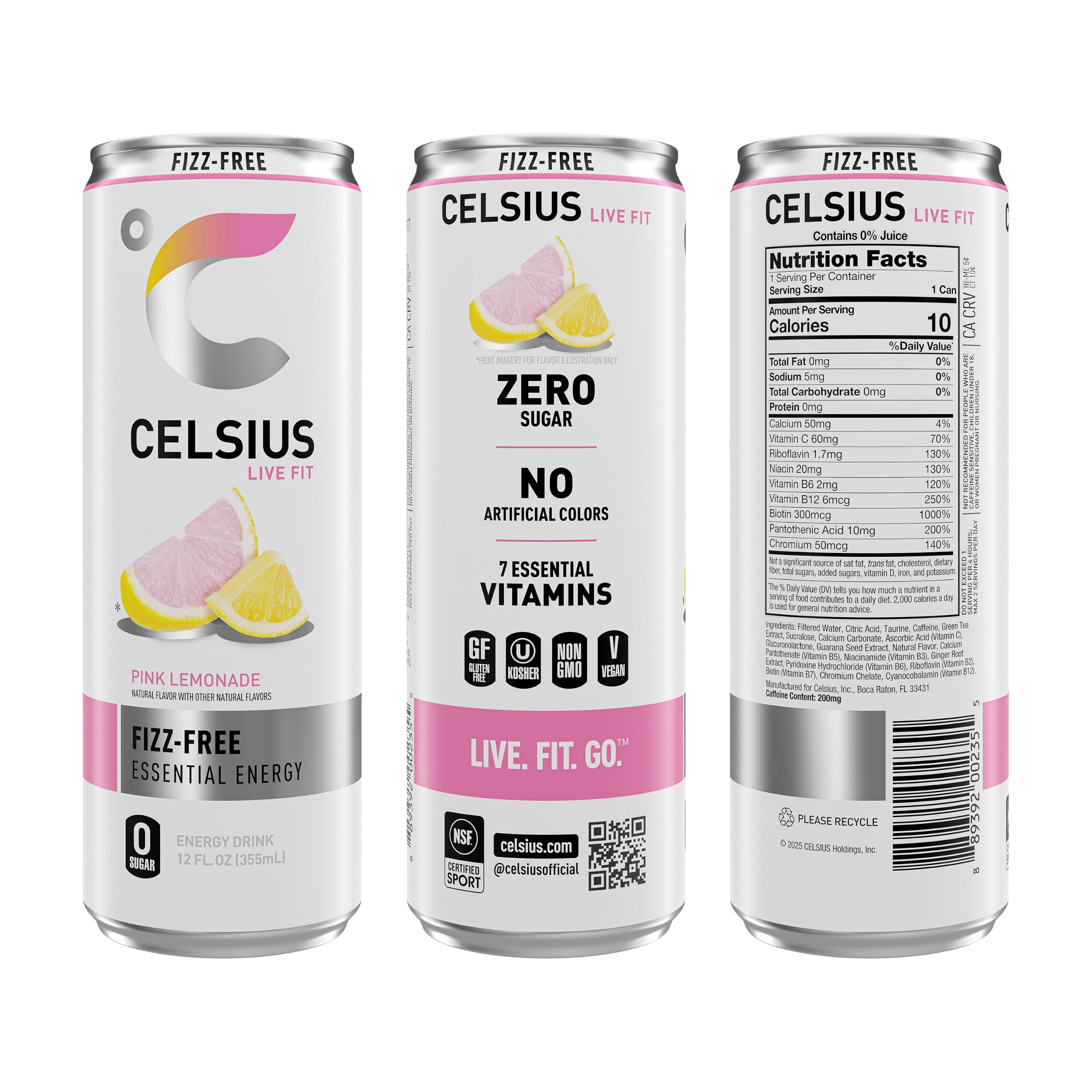 CELSIUS etiqueta con ingredientes y vitaminas visibles, lectura clara