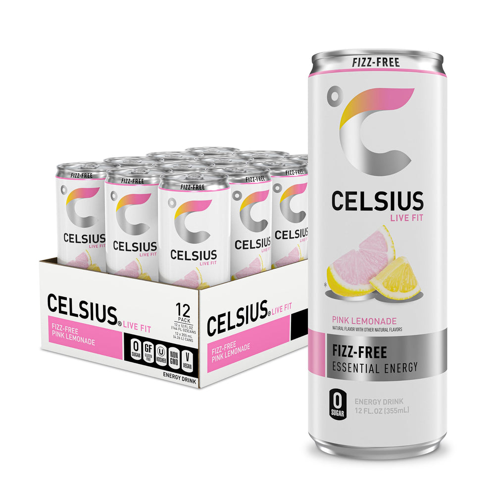 CELSIUS lata frontal Pink Lemonade mostrando diseño y beneficios