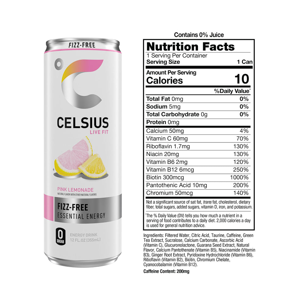 CELSIUS bebida sin gas servida en vaso, apariencia refrescante