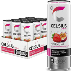 CELSIUS lata frente mostrando diseño y sabor frutal energizante