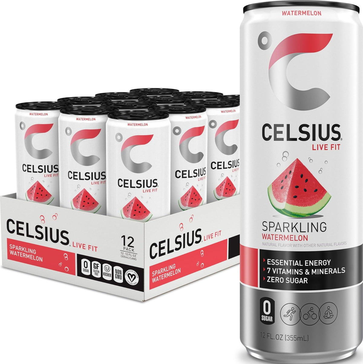 CELSIUS lata frontal con diseño sandía y energía visible