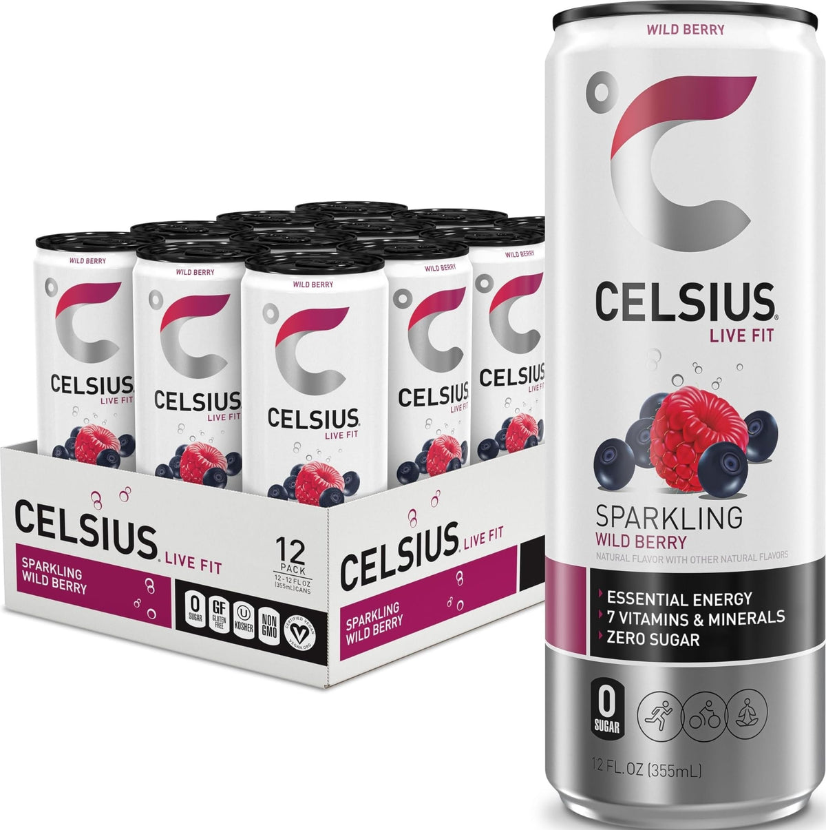 CELSIUS lata frontal mostrando diseño y energía funcional