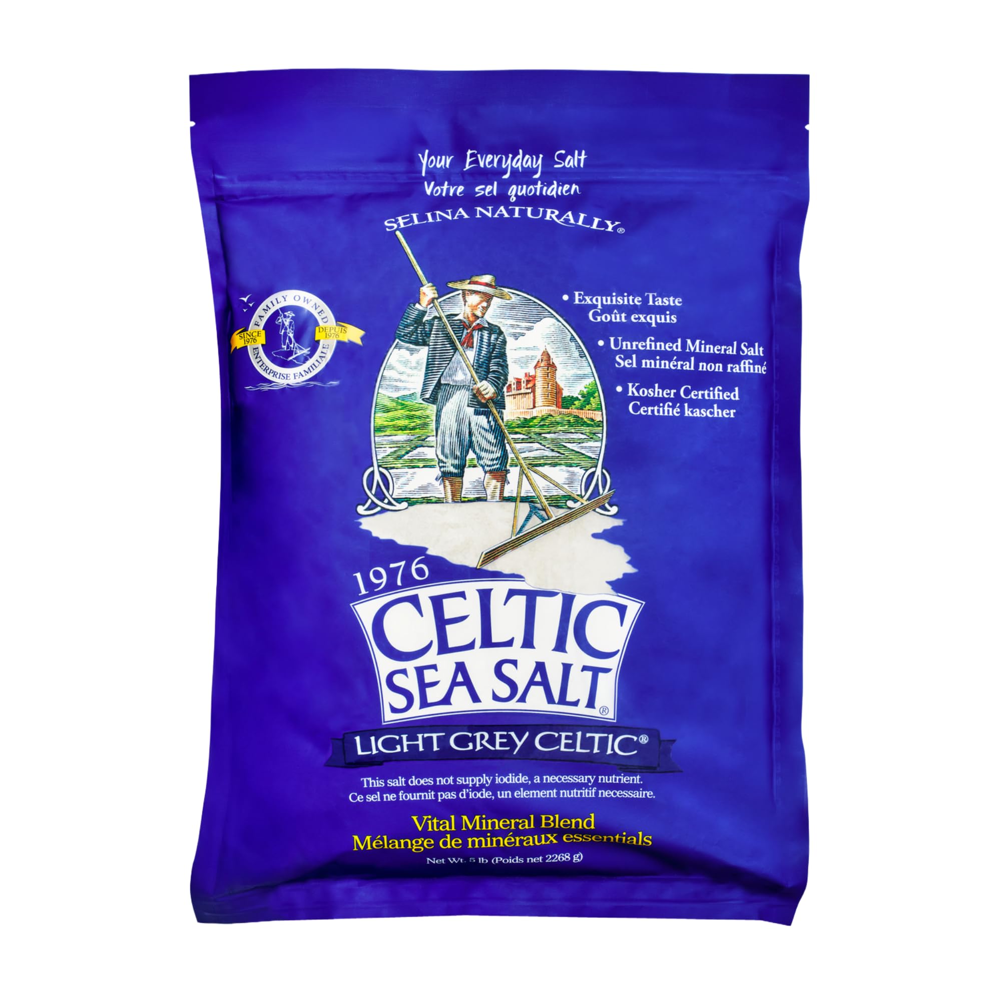Celtic Sea Salt envase frontal mostrando sal a granel y conveniencia