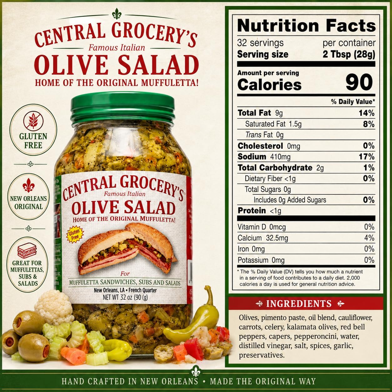 Central Grocery primer plano textura de aceitunas y vegetales con crocancia