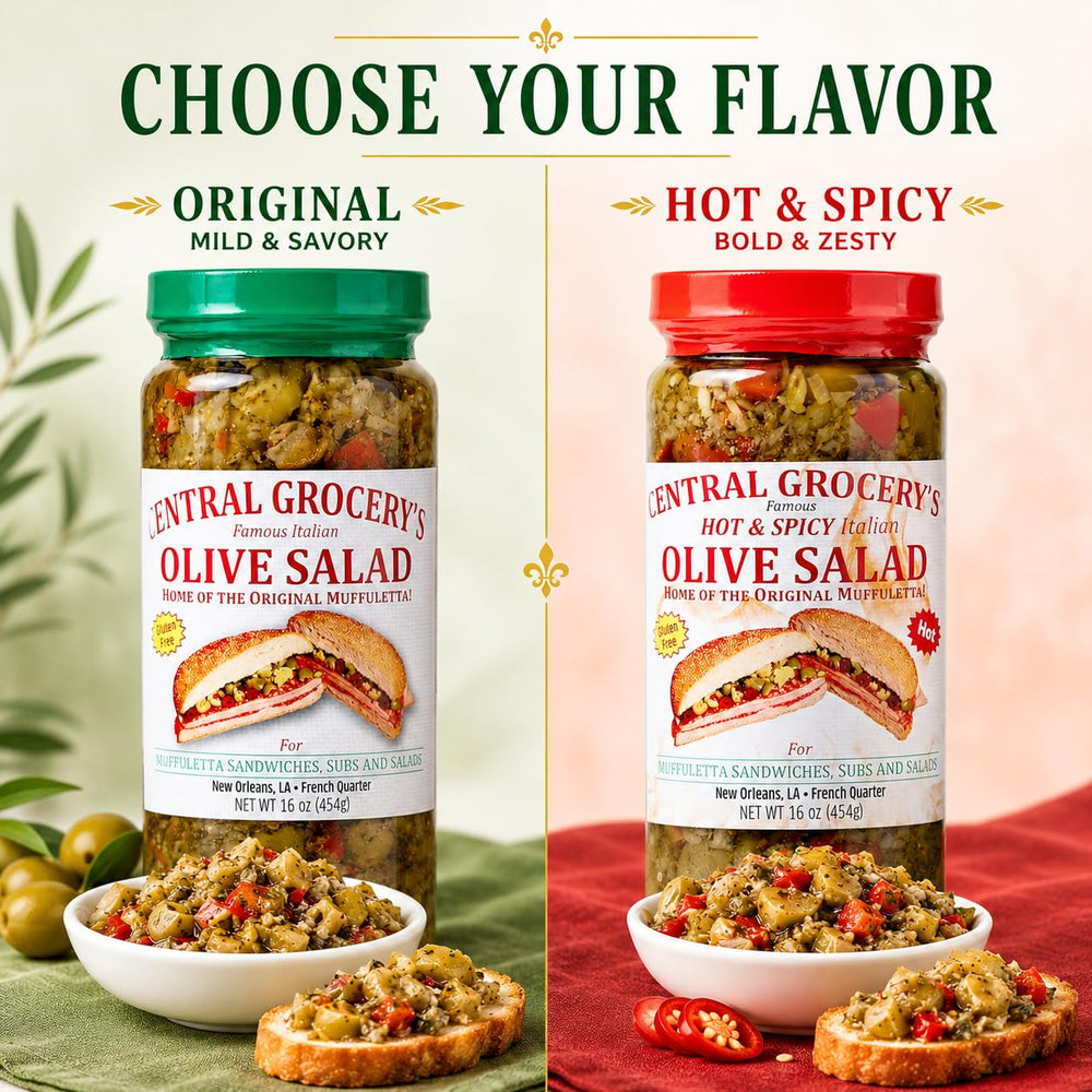 Central Grocery dos frascos juntos ofreciendo original y hot para comparar