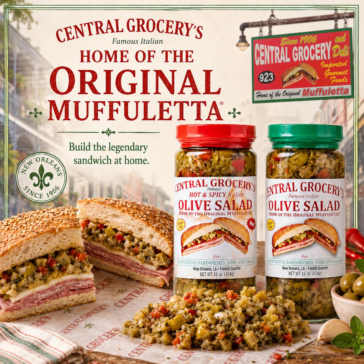 Central Grocery ingredientes crudos alineados para mostrar calidad y origen