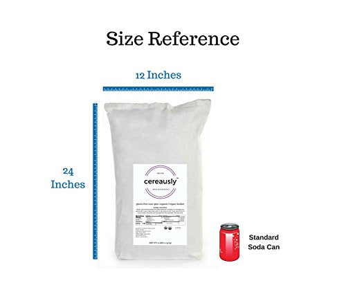 Cereausly bolsa de 25 lb junto a una regla para comparar tamaño y ahorrar