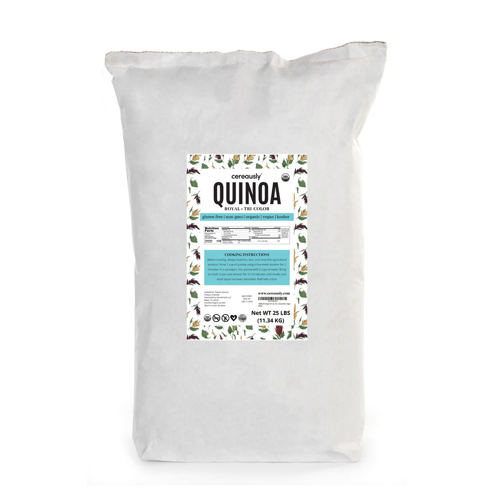 Cereausly paquete frontal de quinoa tricolor mostrando volumen y marca