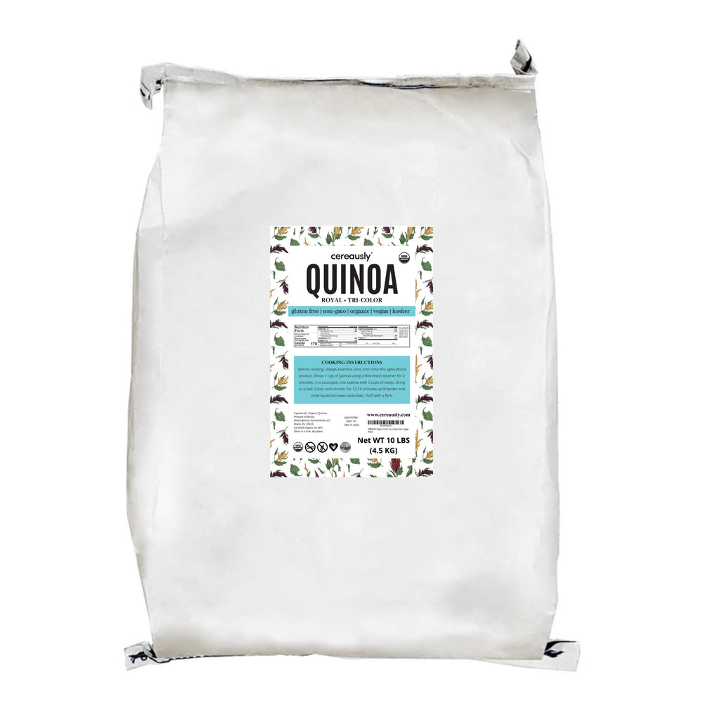 Cereausly quinoa tricolor frontal mostrando envase 10 lb y apariencia variada