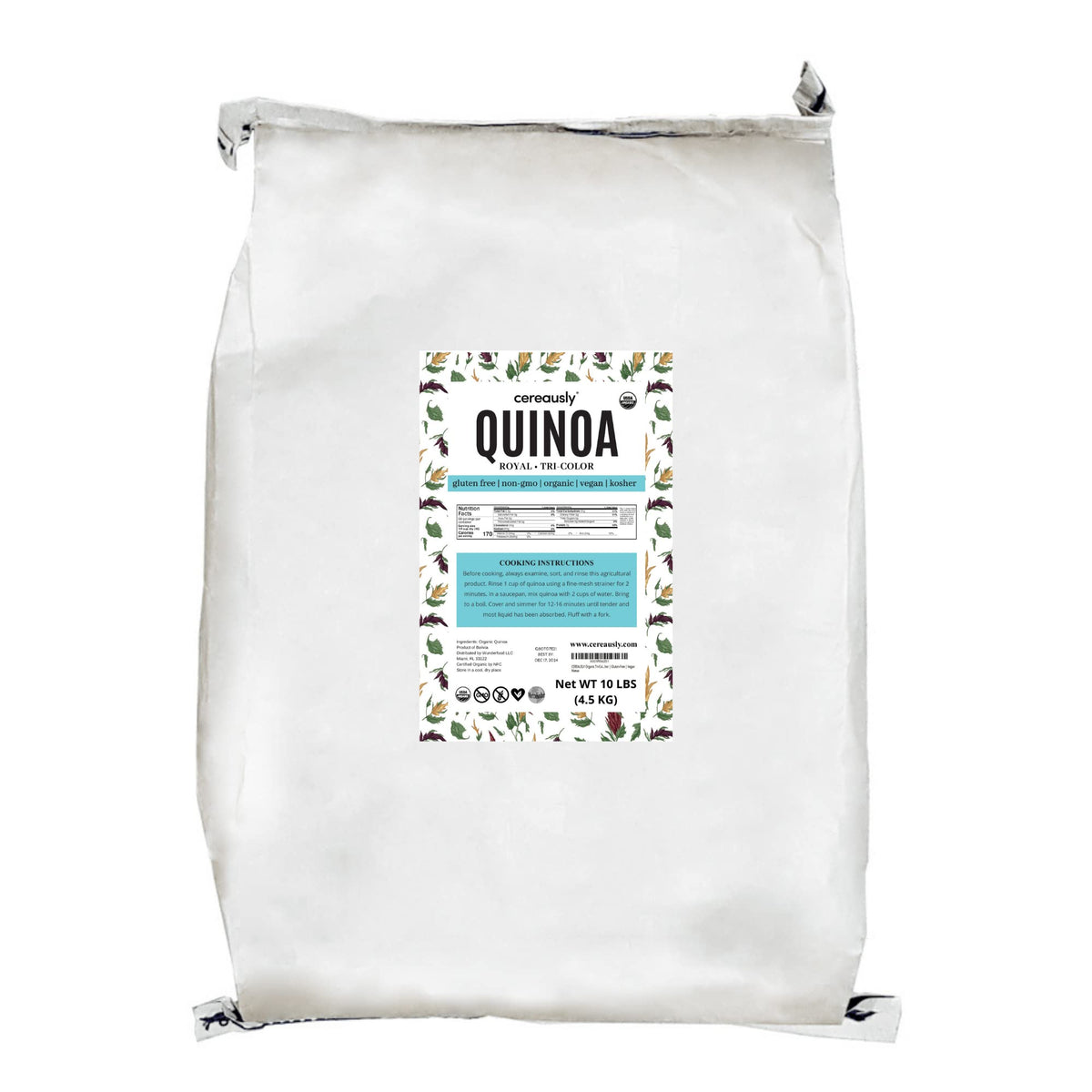 Cereausly quinoa tricolor frontal mostrando envase 10 lb y apariencia variada