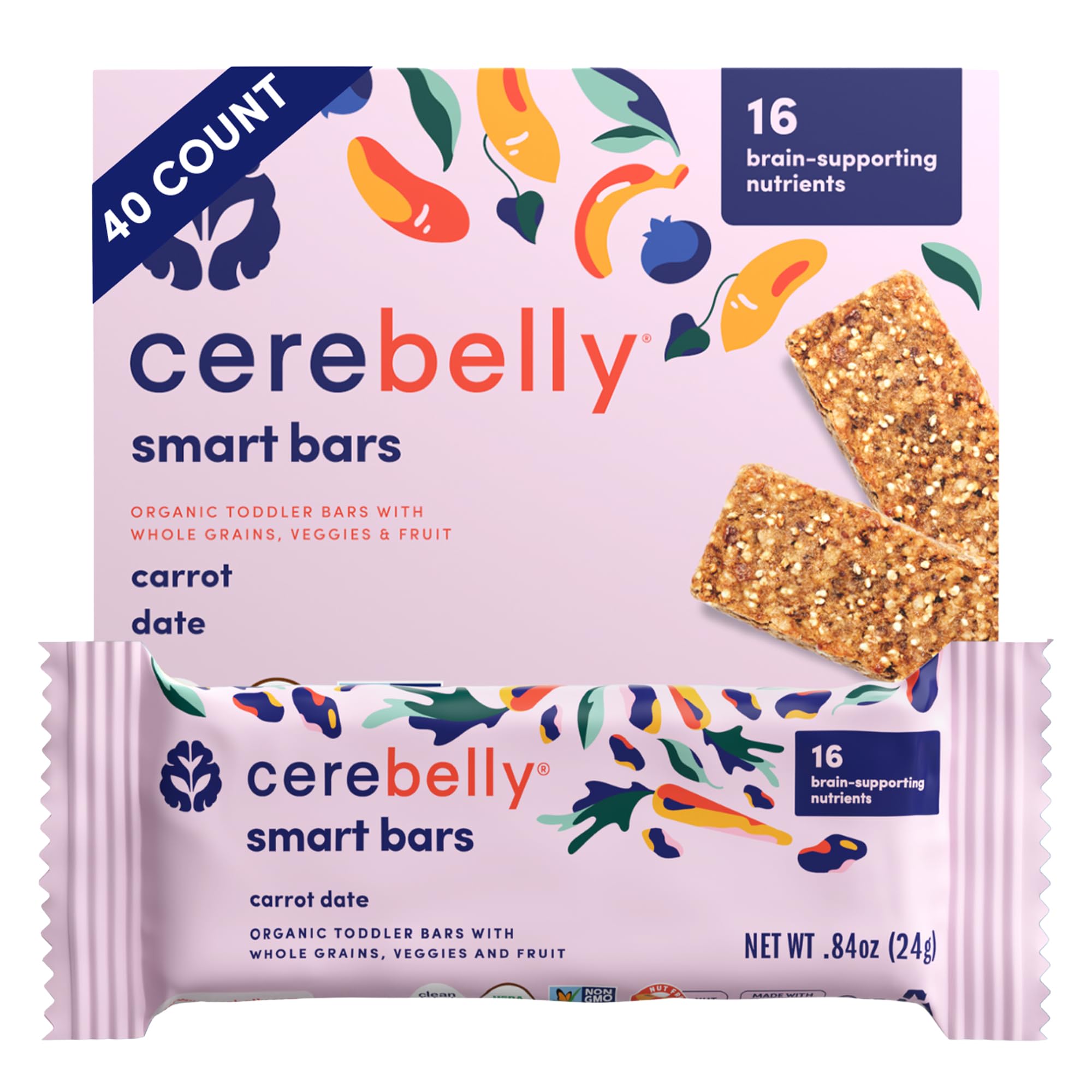 Cerebelly paquete frontal de Carrot Date mostrando diseño y cantidad