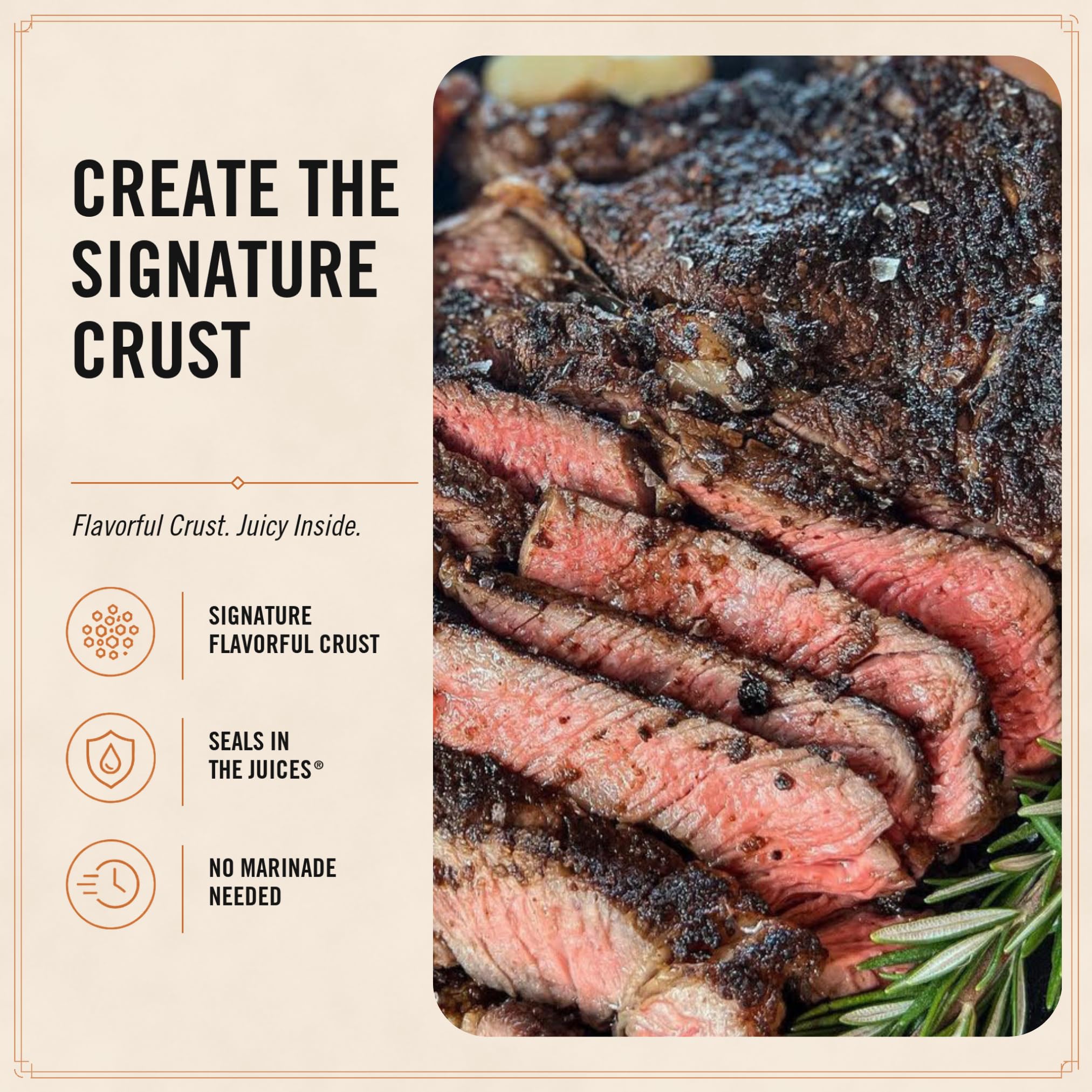 Char Crust corteza oscura en filete mostrando sellado y jugosidad