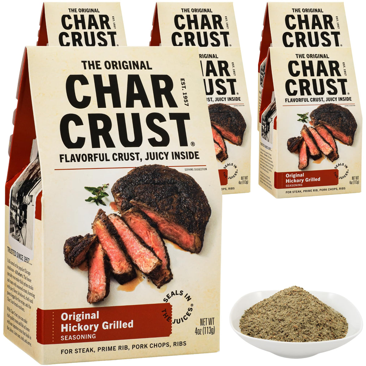 Char Crust paquete frontal mostrando la marca y rendimiento útil