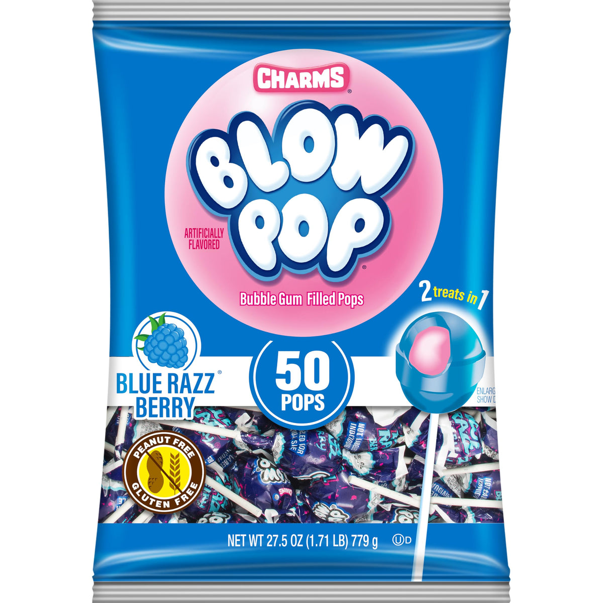 Charms Blow Pop frente del paquete mostrando 50 unidades y conveniencia