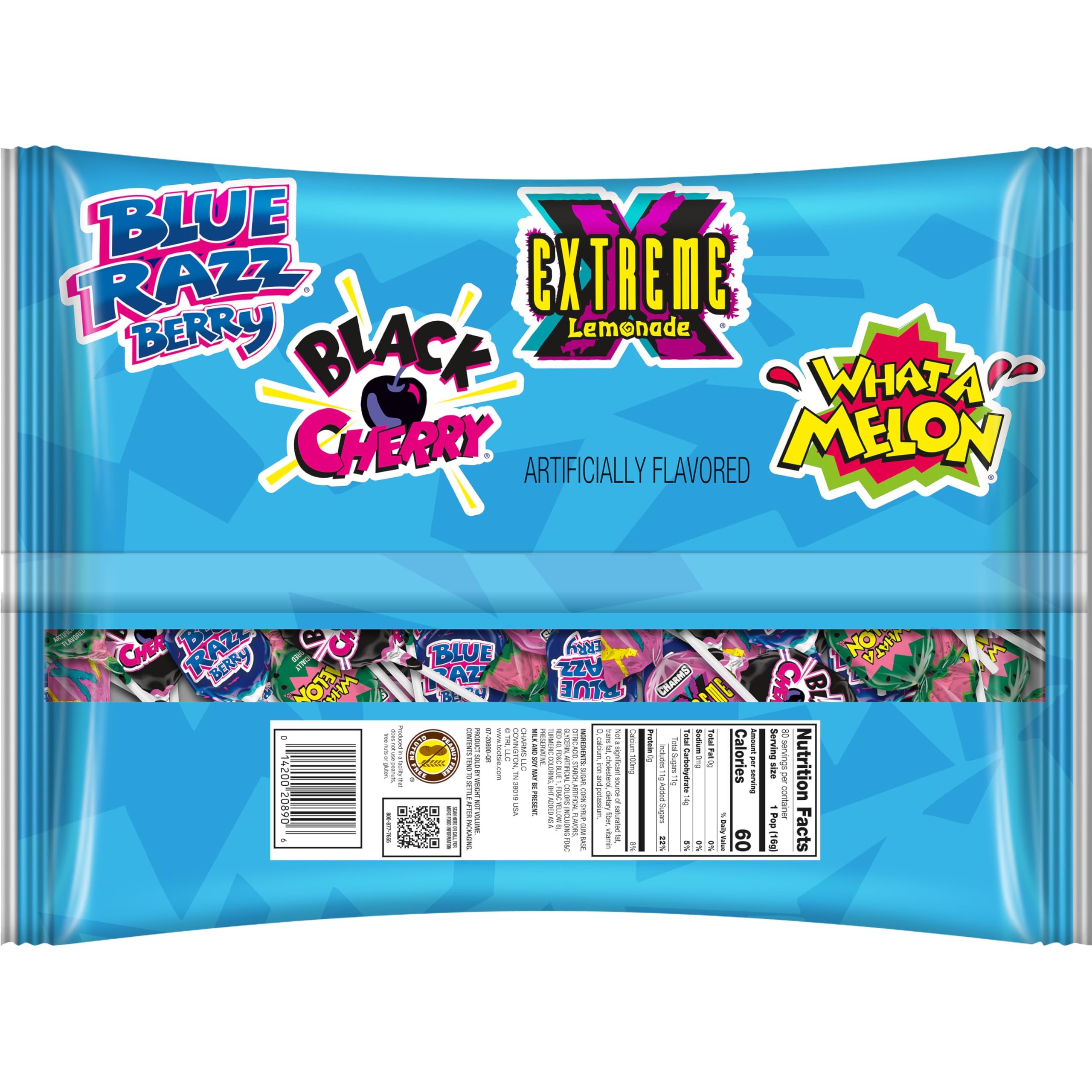 Charms imagen de paleta partida mostrando núcleo de chicle y doble textura deliciosa