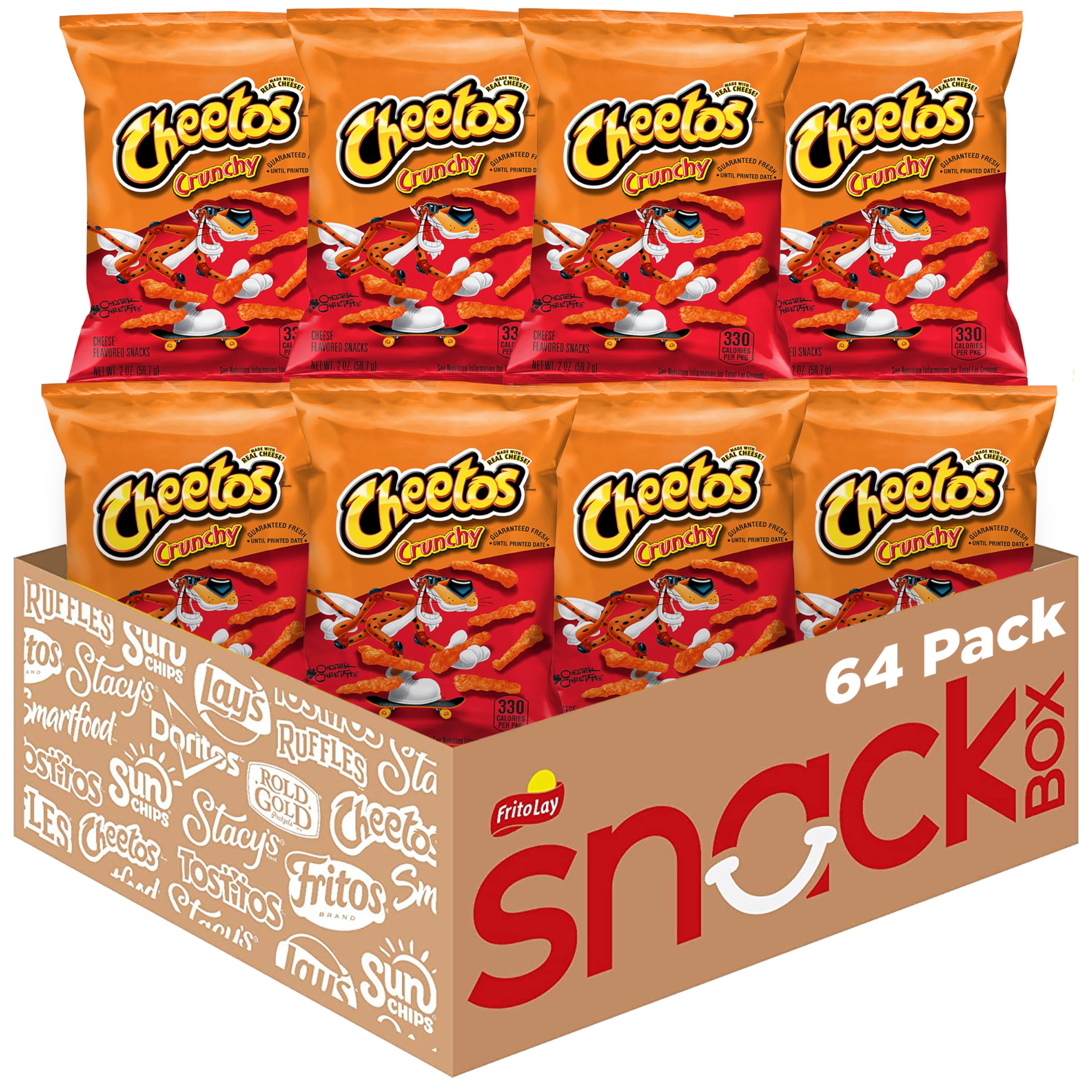 Cheetos pack frontal mostrando 64 bolsas, ventaja de almacenamiento