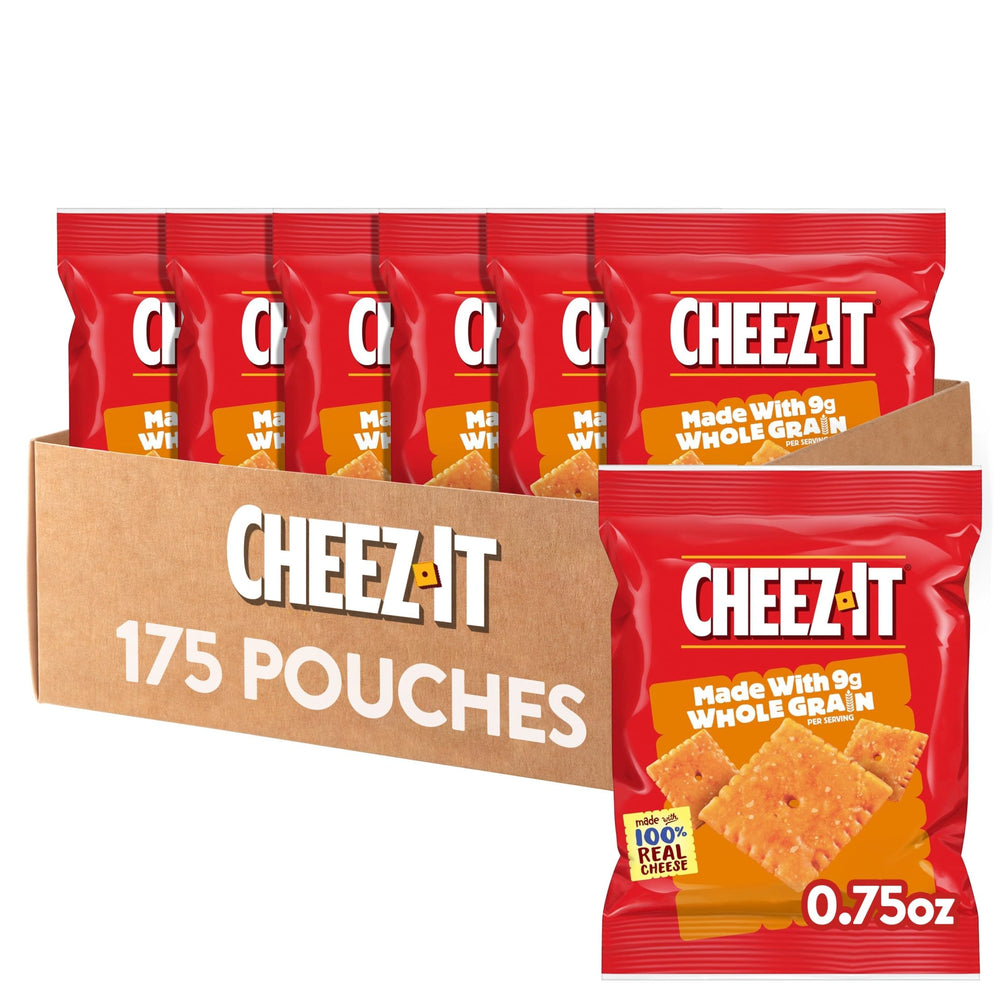 Cheez-It empaque frontal mostrando 175 bolsitas y ventaja de almacenamiento