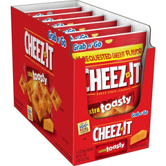 Cheez-It bolsa frontal mostrando galletas extra tostadas, sabor intenso y crujido