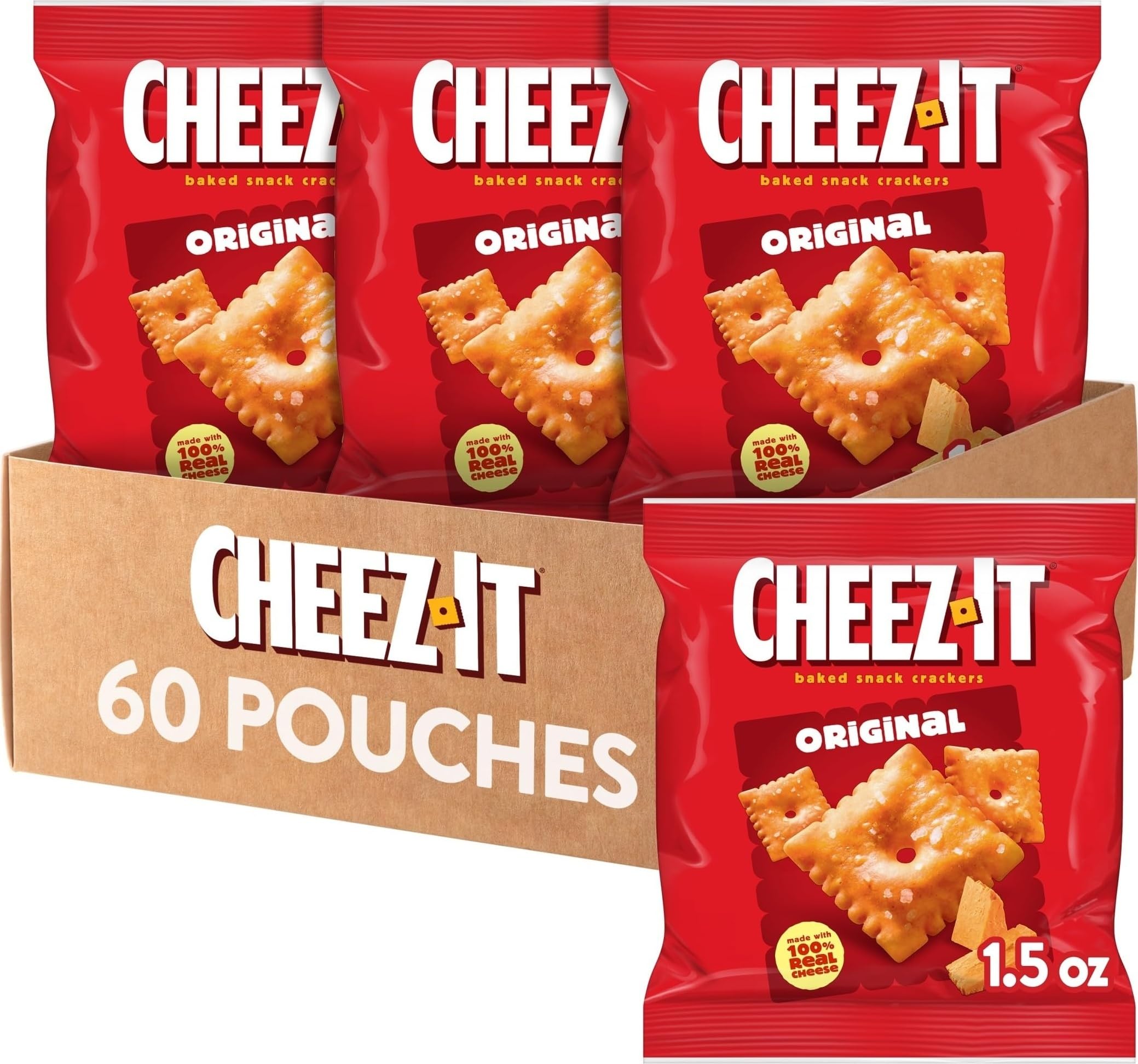 Cheez-It paquete frente mostrando 60 bolsas, marca reconocible y conveniencia