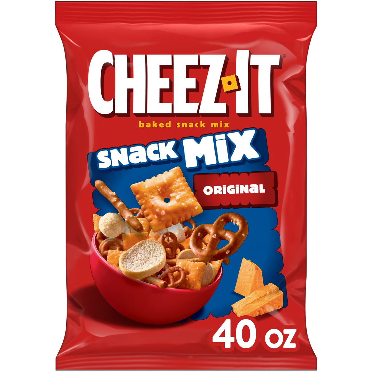 Cheez-It frente del empaque mostrando bolsa de 40 oz y conveniencia para compartir