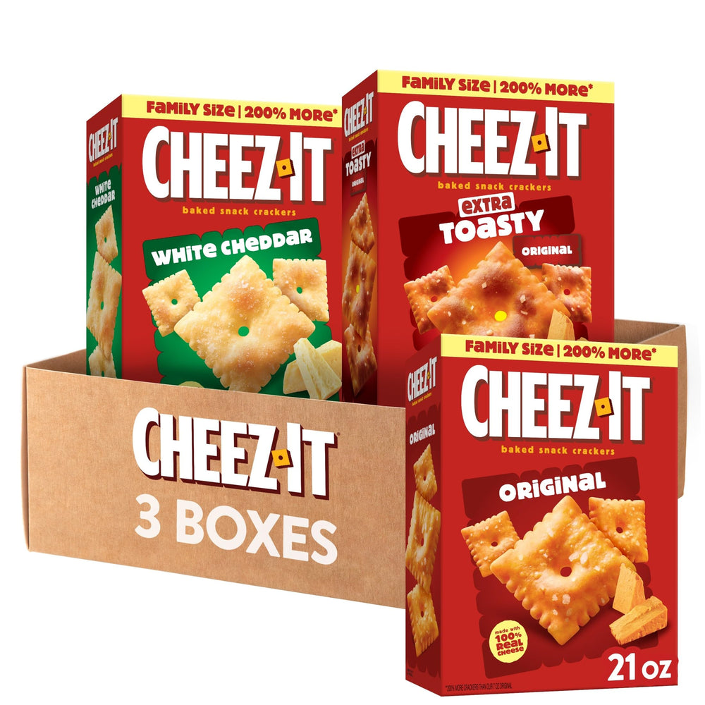 Cheez-It pack frontal mostrando las tres cajas y la variedad de sabores, conveniencia para familia