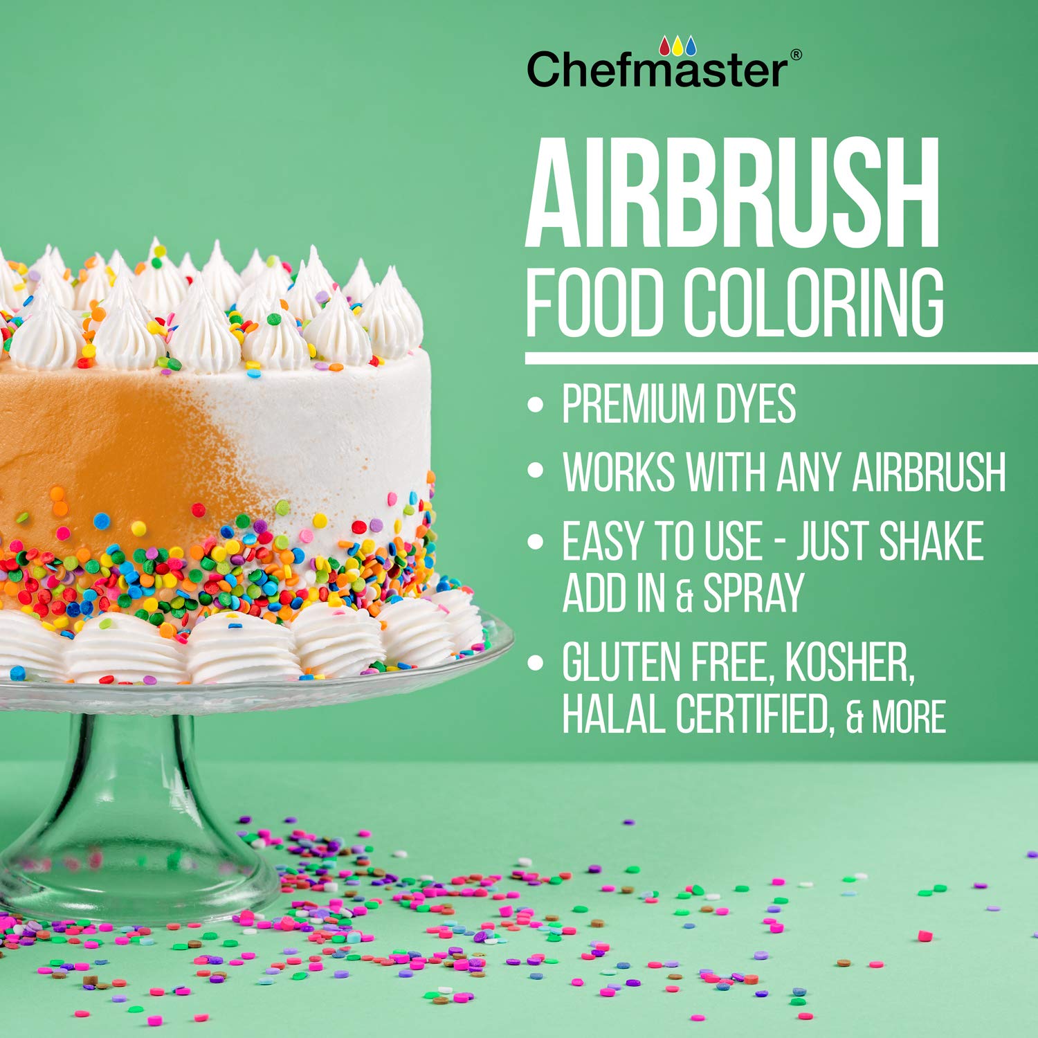 Chefmaster aplicación en aerógrafo sobre pastel para resaltados precisos