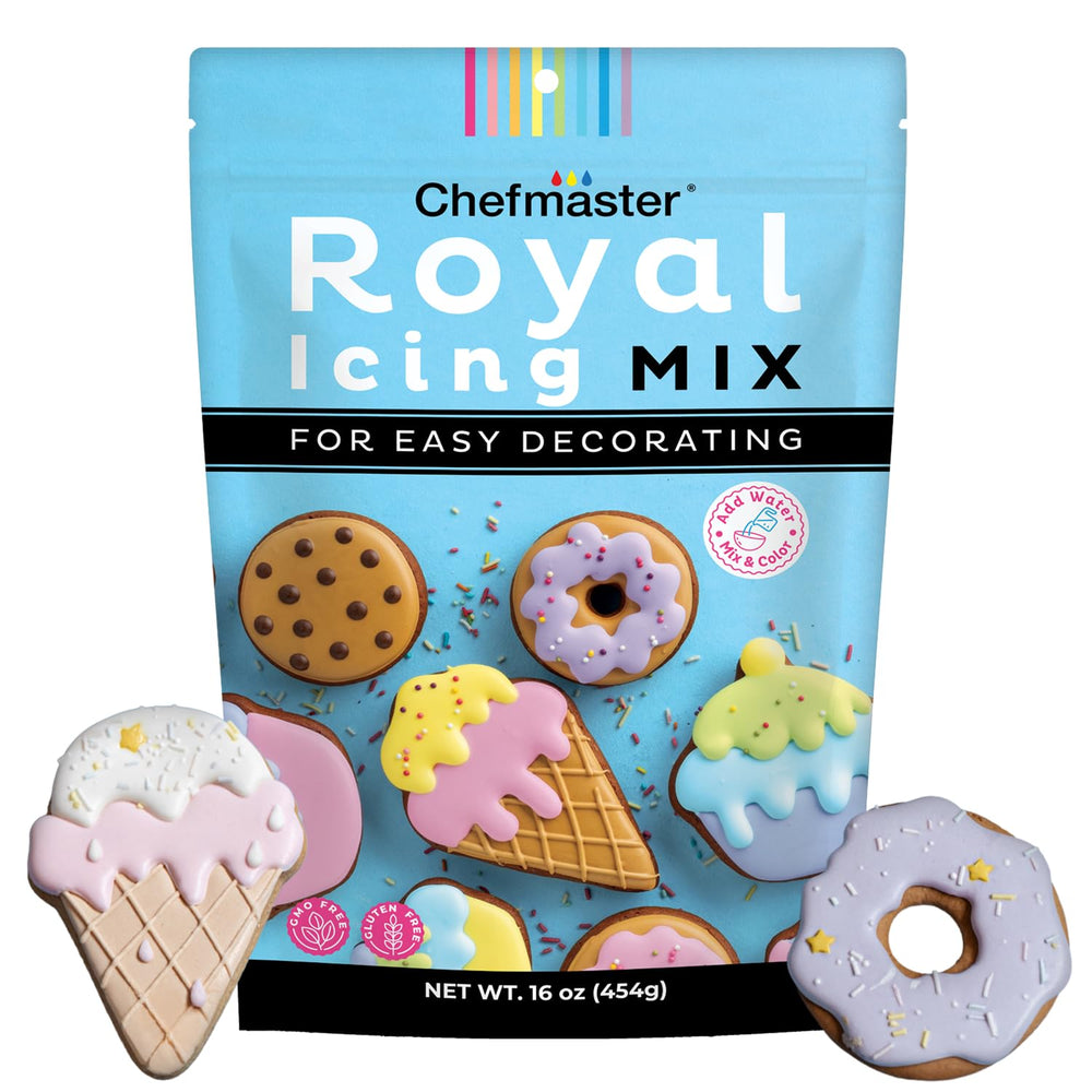 Chefmaster envase frontal del mix de royal icing mostrando diseño y tamaño útil