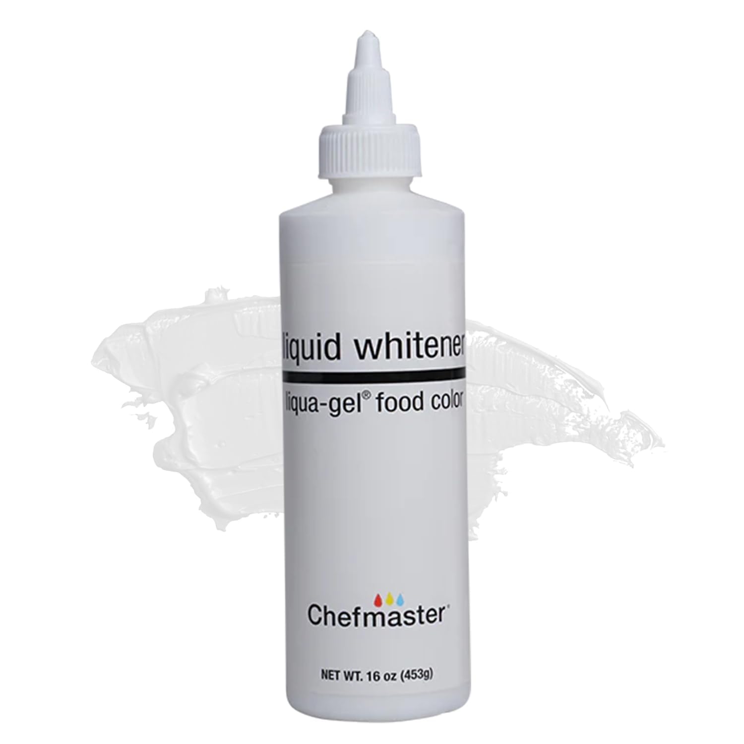 Chefmaster envase frontal Liquid Whitener mostrando presentación de 16 oz y beneficio profesional