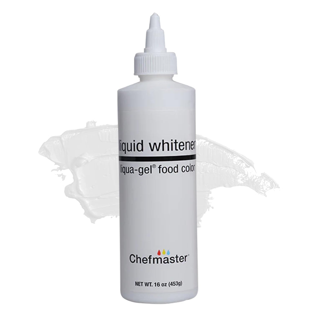 Chefmaster envase frontal Liquid Whitener mostrando presentación de 16 oz y beneficio profesional