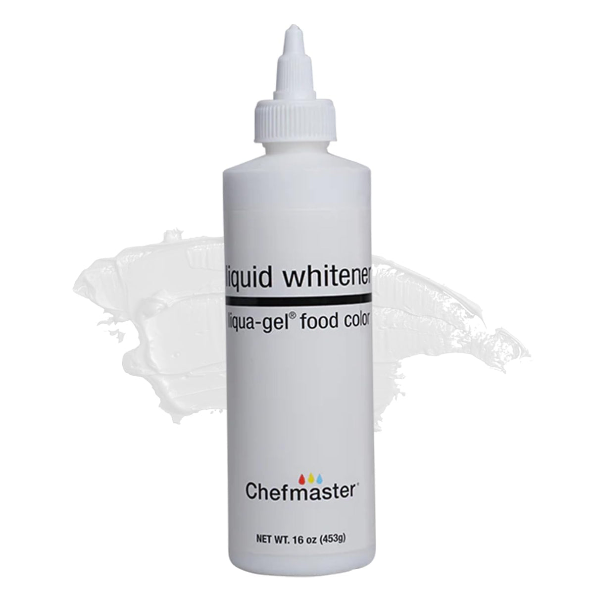 Chefmaster envase frontal Liquid Whitener mostrando presentación de 16 oz y beneficio profesional