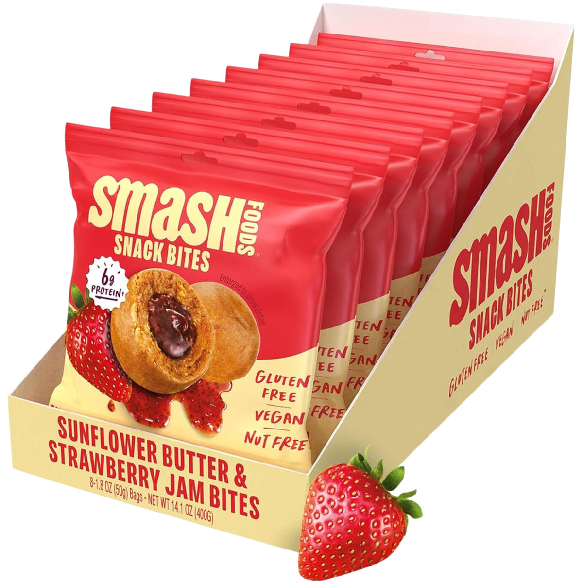 Chia Smash empaque frontal mostrando 8 paquetes, snack portátil y nutritivo