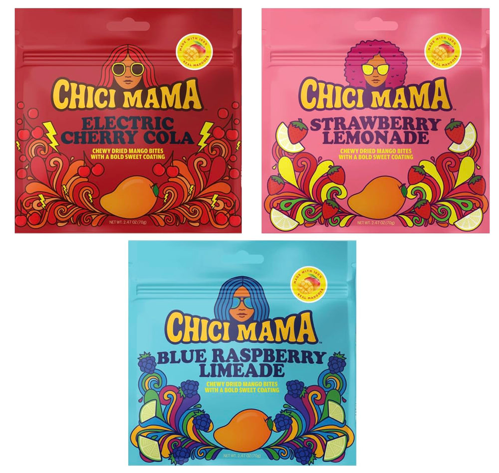 Chici Mama paquete frontal mostrando tres sabores y beneficio de compartir