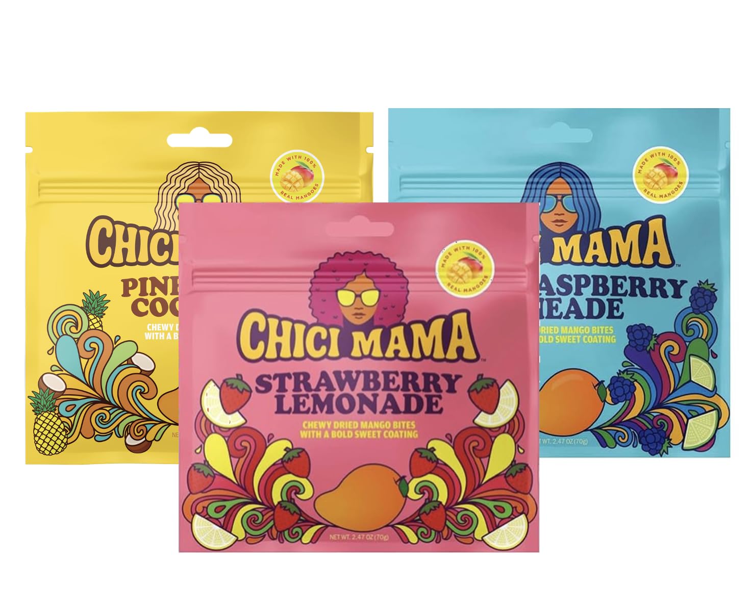 Chici Mama paquete frontal mostrando los tres sabores y beneficio de compartir