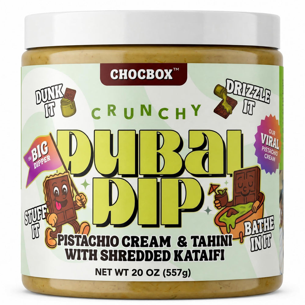 Chocbox Dubai Dip tarro frontal mostrando etiqueta y tamaño