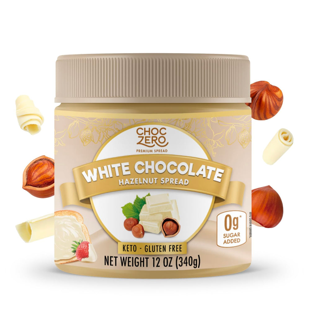 ChocZero frasco frontal mostrando etiqueta y beneficio bajo en carbohidratos