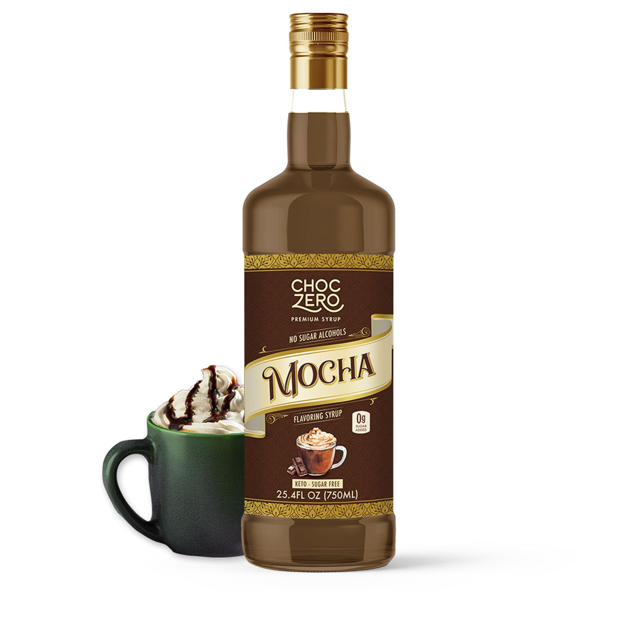 ChocZero vista frontal de la botella mostrando tamaño y etiqueta, facilita elegir sabor