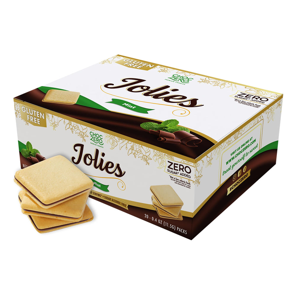ChocZero frente del empaque mostrando caja de 20 galletas, facilita selección