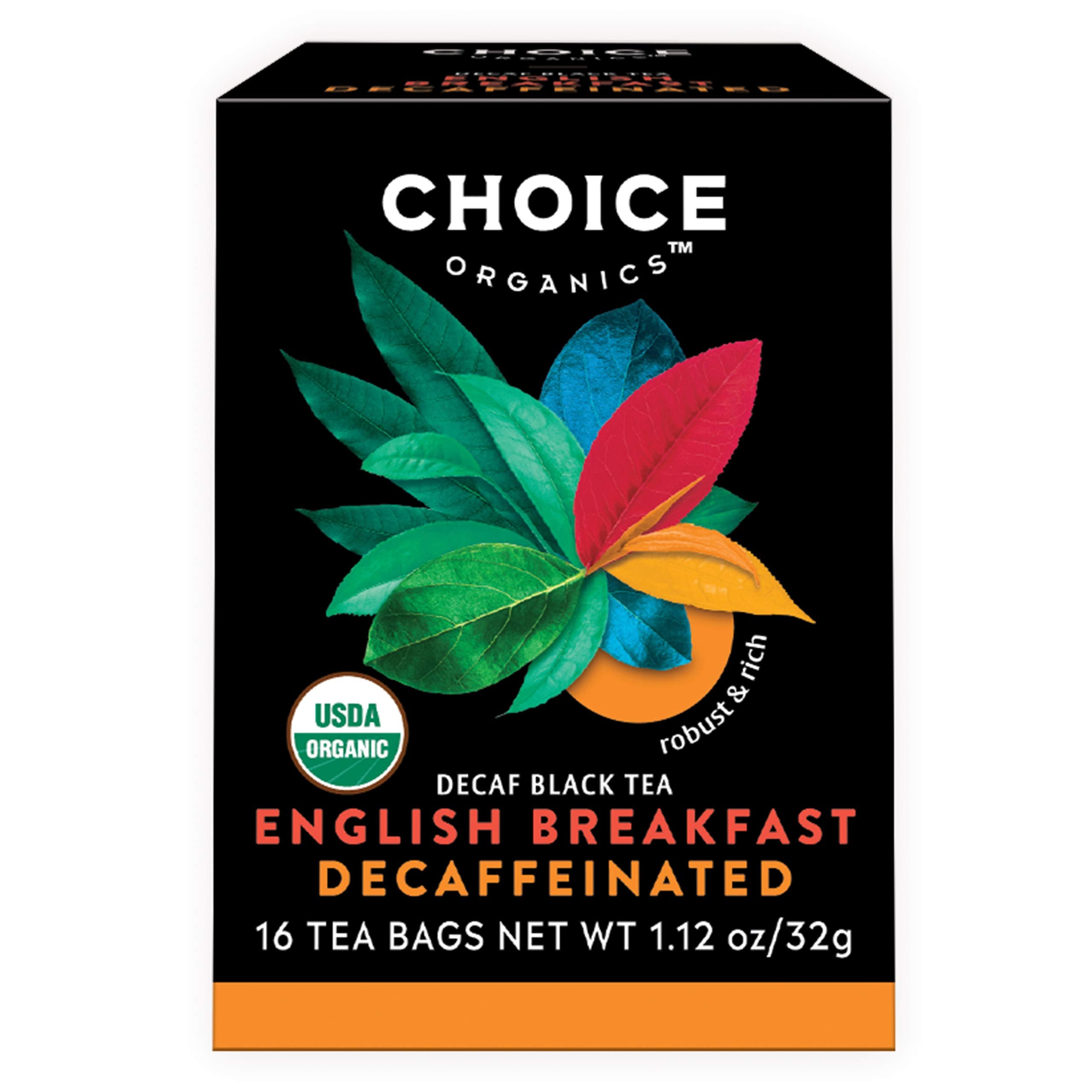 Choice Organic Teas caja frontal con diseño y nombre del té, presenta sabor robusto