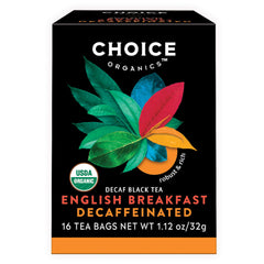Choice Organic Teas caja frontal con diseño y nombre del té, presenta sabor robusto