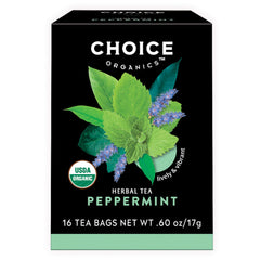 Choice Organic Teas vista frontal del paquete mostrando 16 bolsas y certificaciones