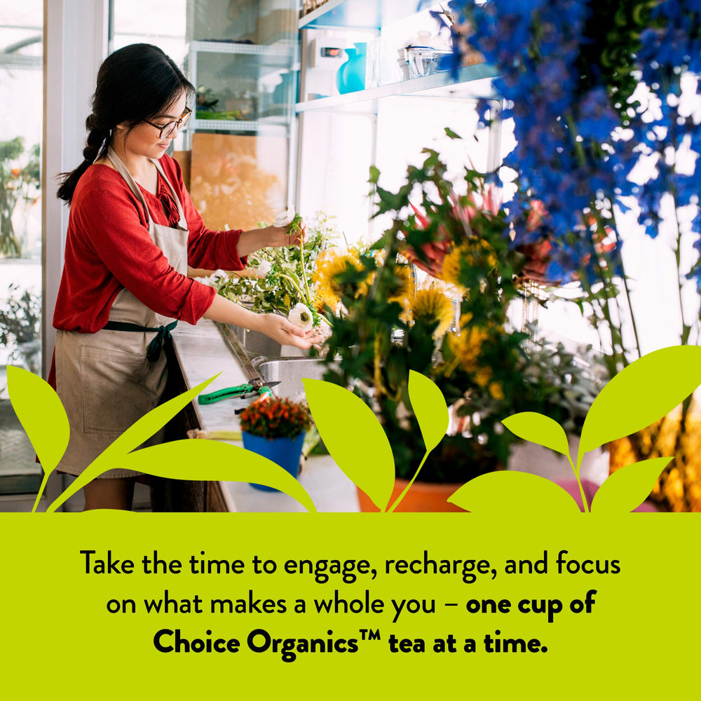 Choice Organic Teas embalaje de cartón 100% reciclado que muestra sostenibilidad