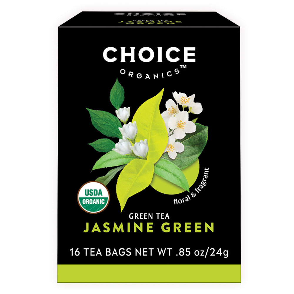 Choice Organic Teas frente del paquete con bolsitas compostables y beneficio ecológico