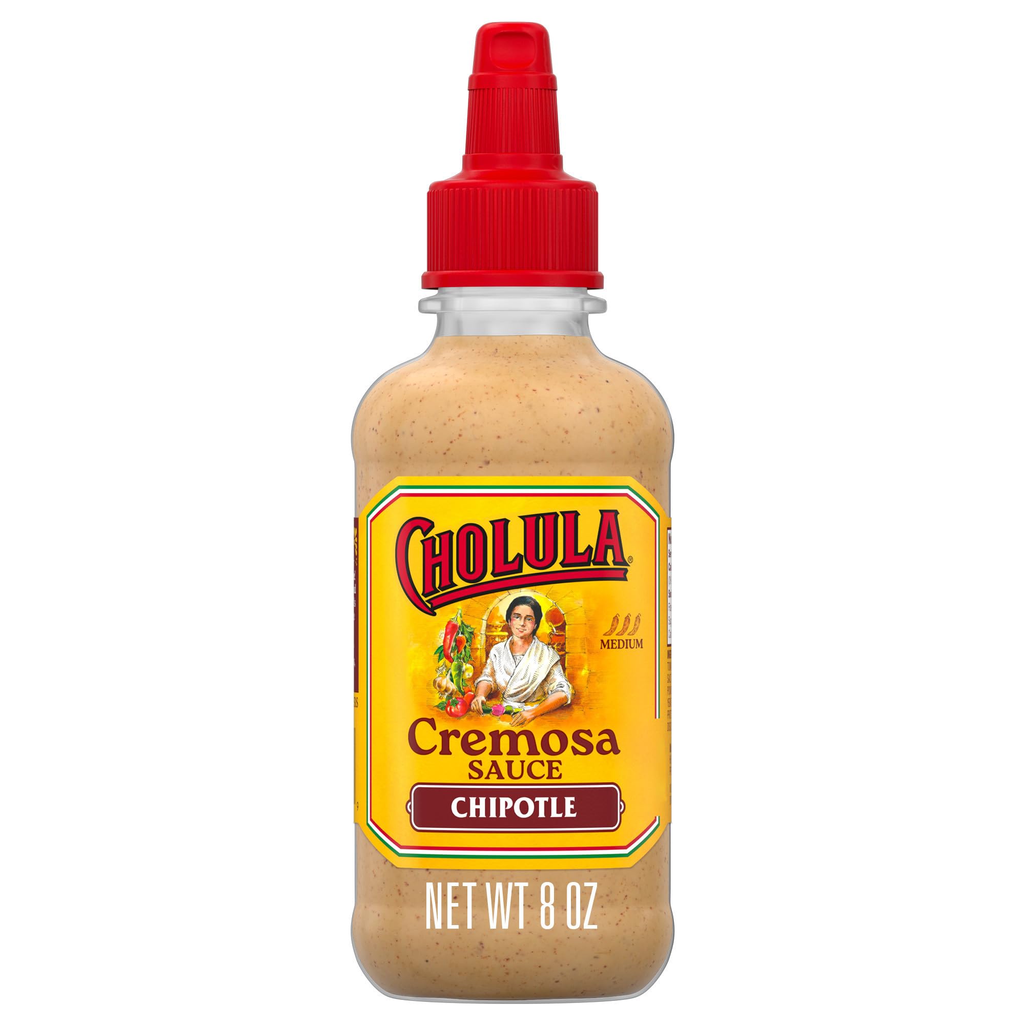 Cholula cremosa chipotle botella frontal, muestra diseño y uso fácil