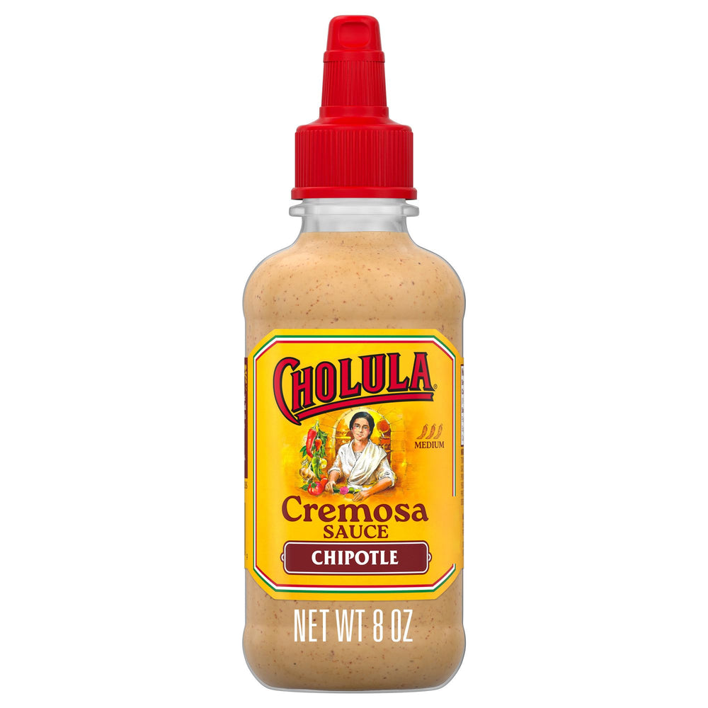 Cholula cremosa chipotle botella frontal, muestra diseño y uso fácil