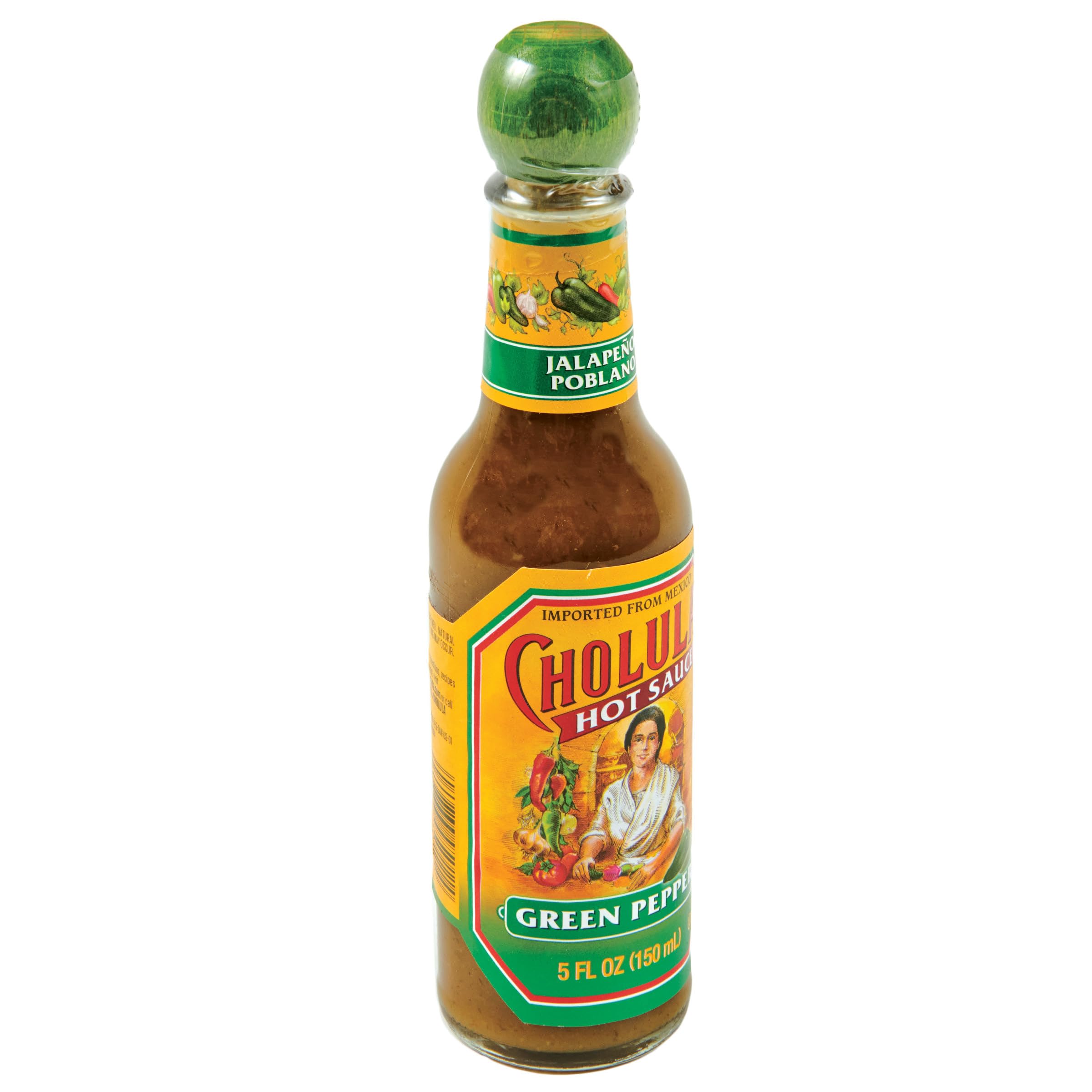 Cholula etiqueta en primer plano que destaca sabor y origen