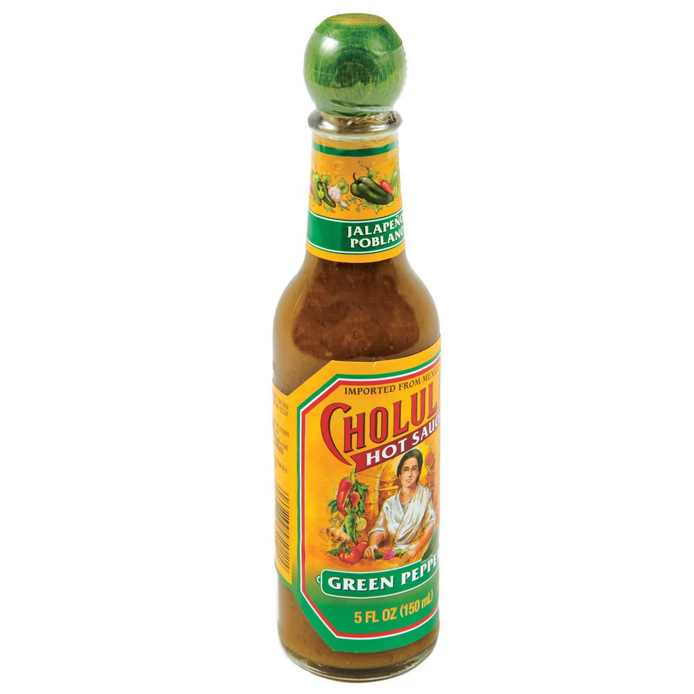 Cholula etiqueta en primer plano que destaca sabor y origen