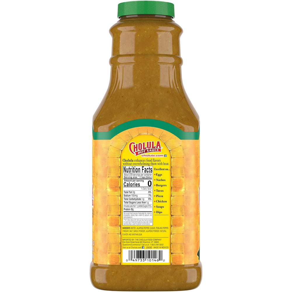Cholula etiqueta en primer plano que destaca el sabor jalapeño y blend de especias