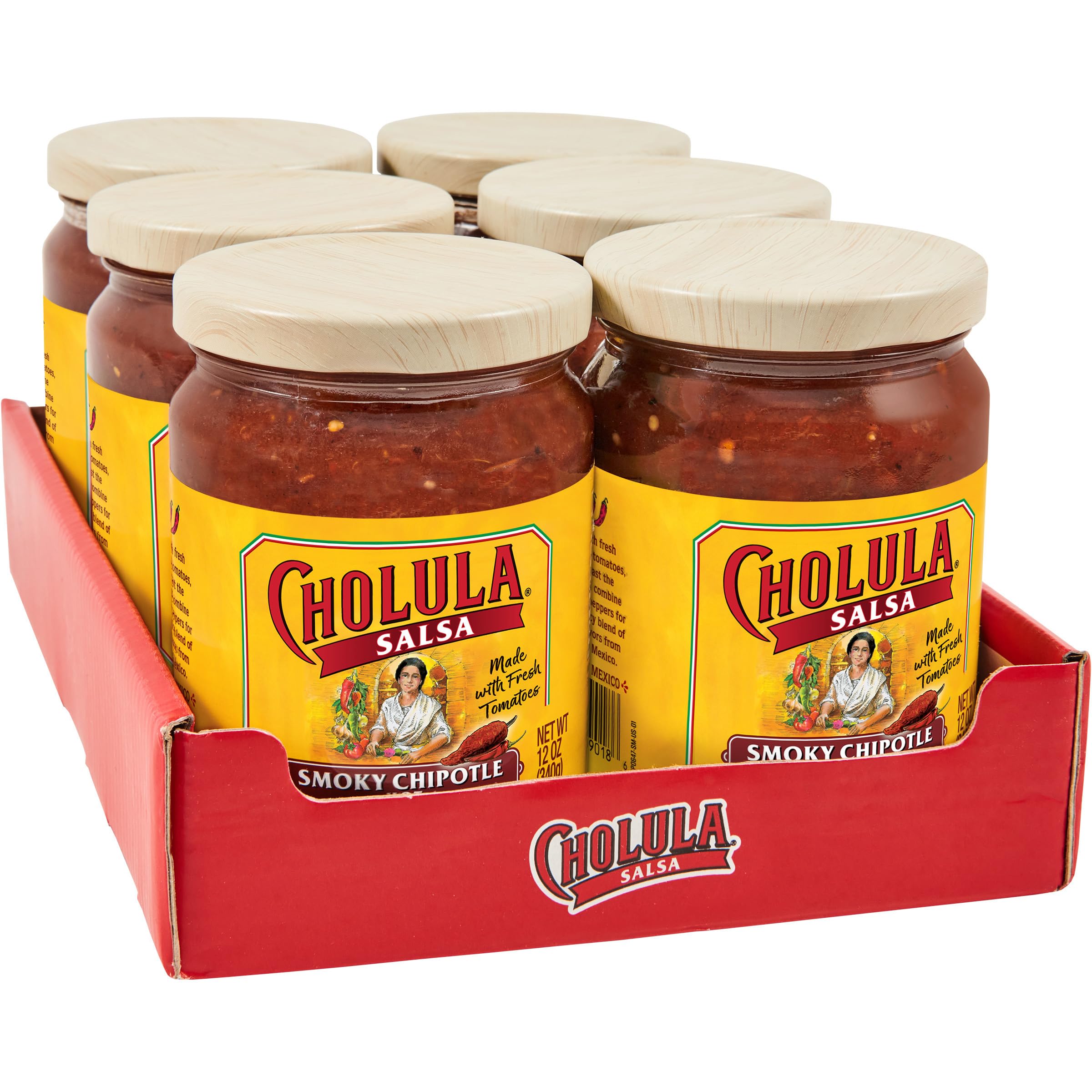 Cholula frasco frontal mostrando etiqueta y 12 oz para identificación rápida